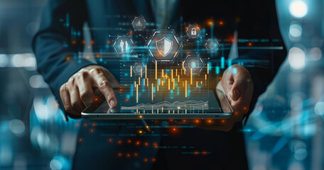 A business person holding an iPad with digital graphs and icons floating above, representing the use of AI in data analysis for analyzing financial market performance.