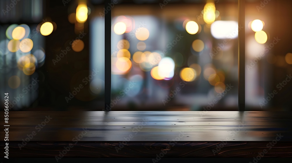 Poster dark blurred background with empty table top cafe restaurant windows background for your product : Generative AI