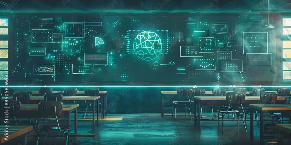 Poster futuristic classroom with ar technology projected on electronic blackboard for interactive learning.