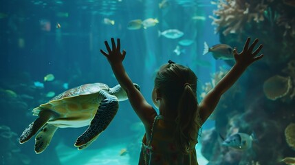 little girl at aquarium watching sea turtle swimming in tank curious child having fun watching fish swimming kid looking at marine life in oceanarium aquatic habitat : Generative AI