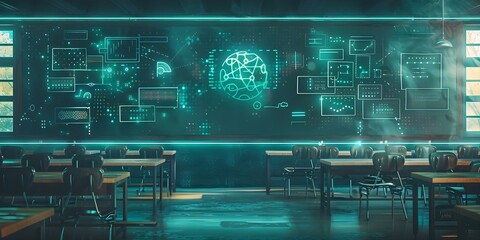 Futuristic classroom with AR technology projected on electronic blackboard for interactive learning. Concept Futuristic Classroom, AR Technology, Electronic Blackboard, Interactive Learning