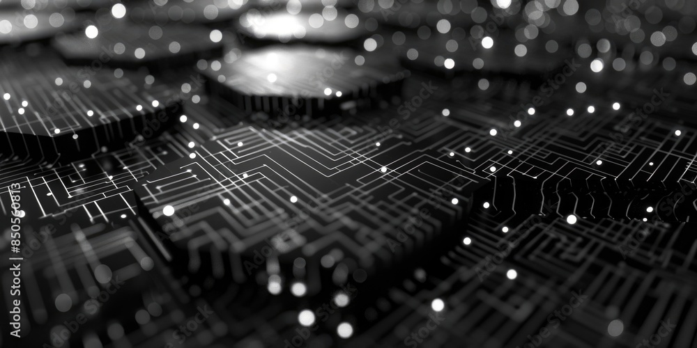 Aufkleber A close-up image of a circuit board in grayscale, showing intricate details