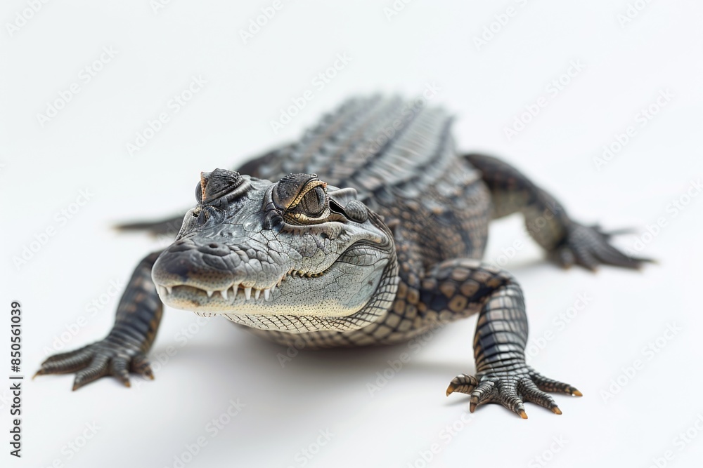 Poster a close-up view of a small alligator sitting on a white surface, suitable for use in illustrations o