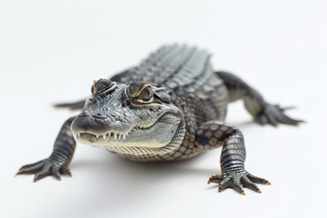Fototapeta premium A close-up view of a small alligator sitting on a white surface, suitable for use in illustrations or design projects