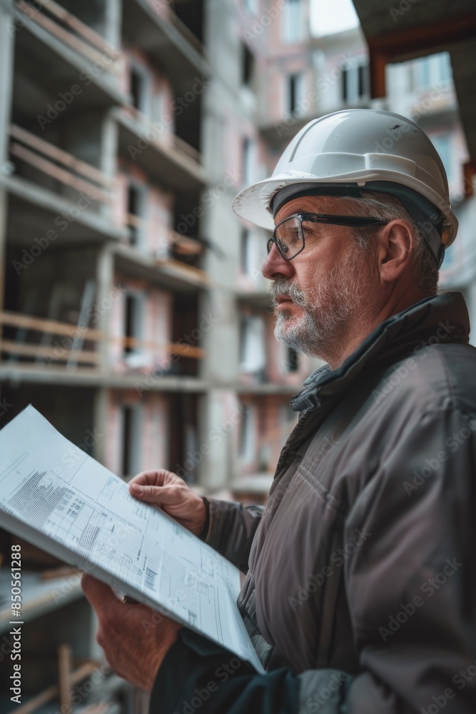 Aufkleber a worker holds a blueprint while wearing a hard hat, ready for construction or engineering projects