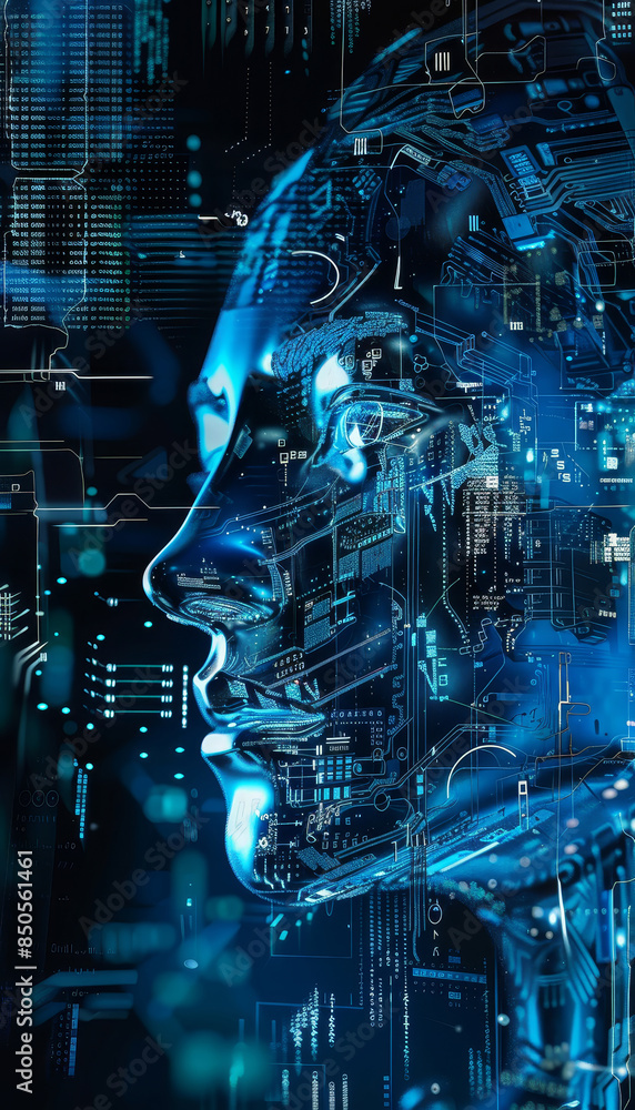 Poster futuristic cyborg face with data streams - a complex digital illustration of a cyborg face overlaid 