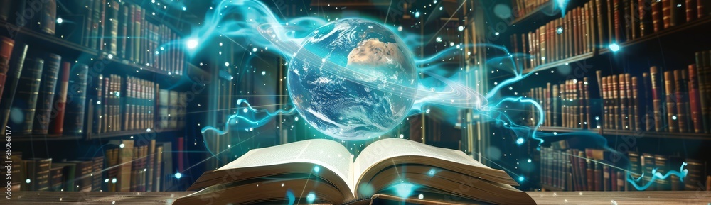 Aufkleber glowing earth above open book in library - a concept image of an open book on a table with a glowing