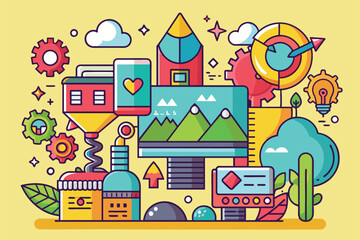 An illustration depicting colorful shapes, gears, clouds, mountains, and a heart, For sale Customizable Disproportionate Illustration