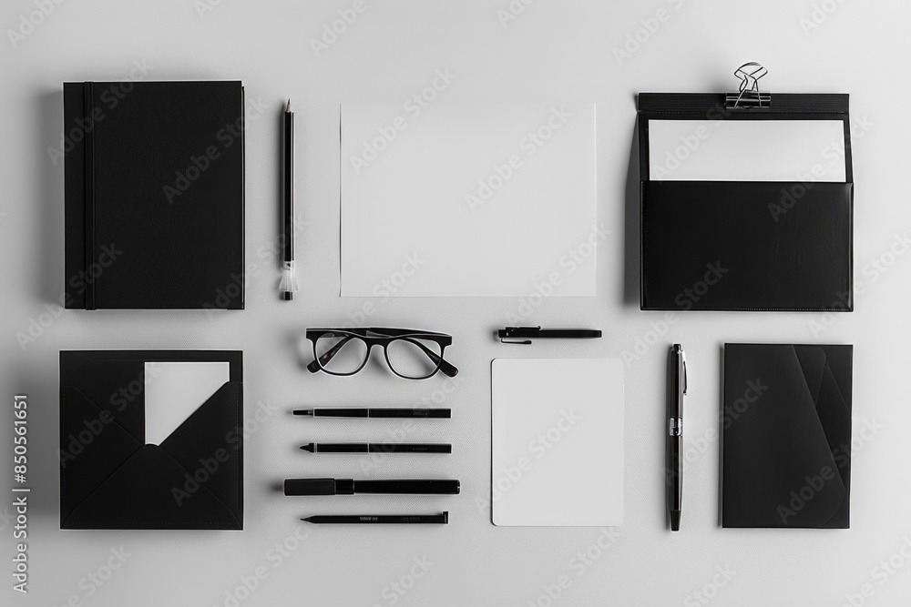 Poster Black and white image of various stationery items on a desk or table