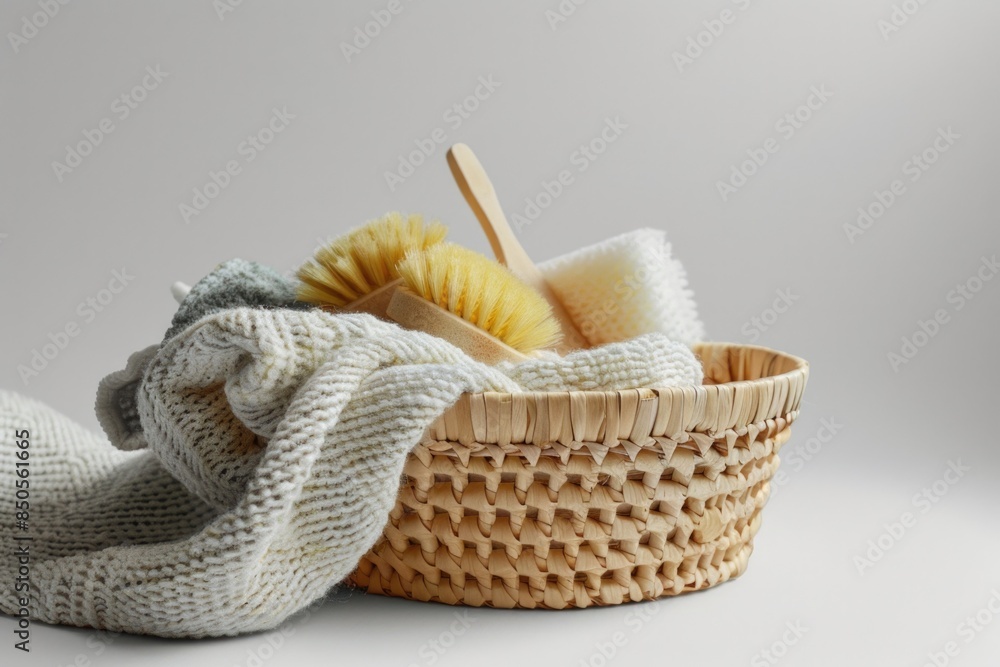 Poster a basket filled with various cleaning supplies on a table, ideal for use in promotional materials or
