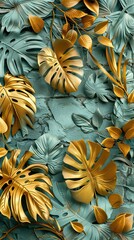 Creative nature gold layout made of tropical leaves. Summer concept. Fern Palm and monstera leaf on wall textures. AI generated illustration