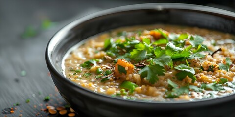 Closeup of garnished Haleem a traditional dish enjoyed during Ramadan season. Concept Ramadan Recipes, Traditional Dishes, Food Photography, Garnished Haleem, Closeup Shots