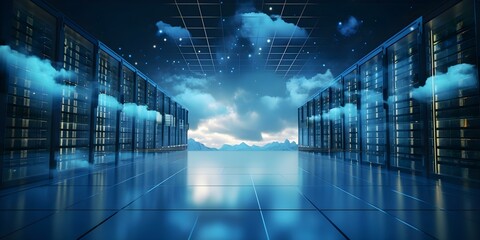 Securely store and access digital information via cloud servers for businesses. Concept Cloud Storage, Data Security, Business Efficiency, Remote Access, Data Backup