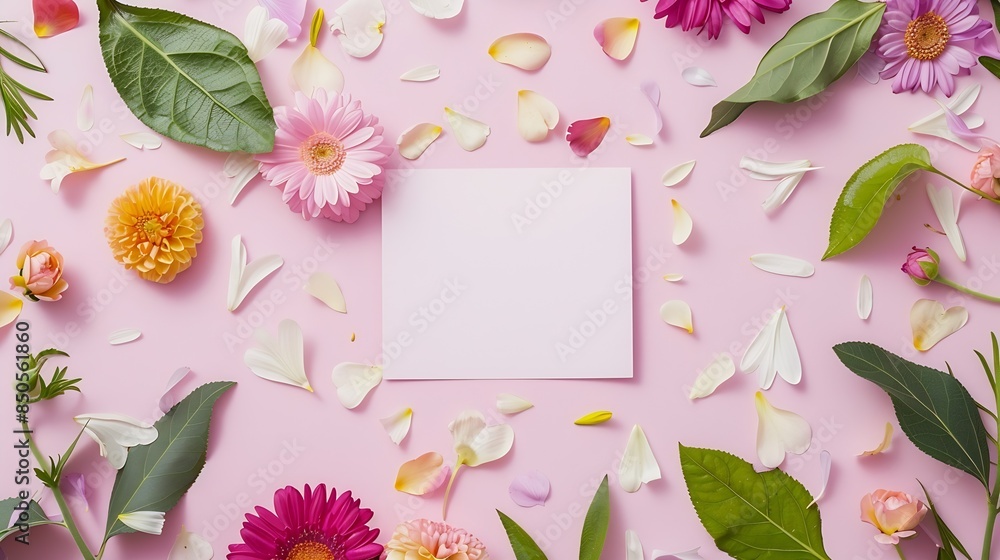 Poster creative layout made of flowers and leaves with paper card note flat lay nature concept : generative