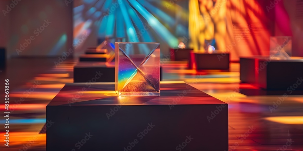 Poster interactive exhibit demonstrating refraction and reflection of light through prism dispersion. conce
