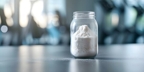 Mockup jar of creatine powder in gym setting promoting sports nutrition. Concept Sports Nutrition, Gym Session, Creatine Powder, Fitness Lifestyle, Product Promotion
