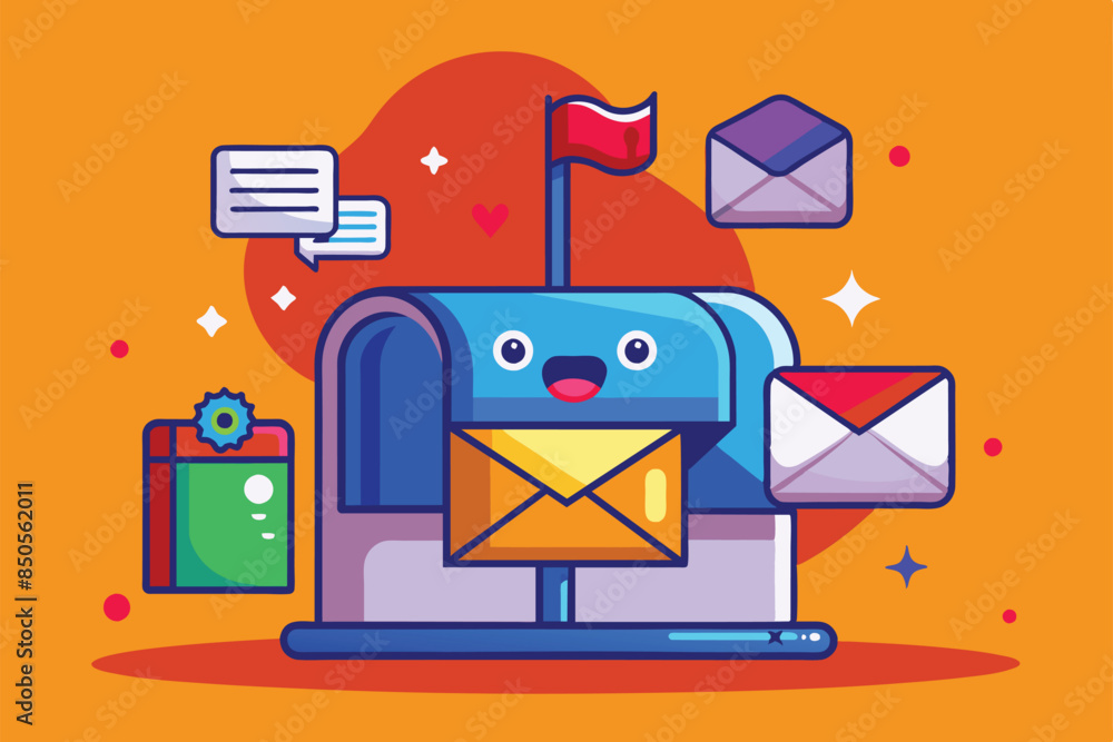 Poster a cartoon illustration of a happy mailbox with a full inbox and multiple mail envelopes, full inbox 