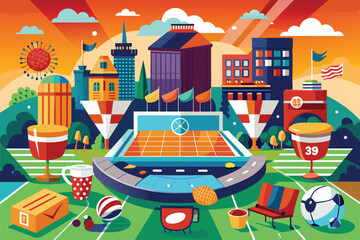 A Colorful Illustration of a city skyline with a sports field in the foreground and a variety of game-day related items, Game day Customizable Semi Flat Illustration