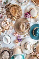 A colorful table filled with many different hats, great for editorial use in stories about fashion, trends, or cultural events