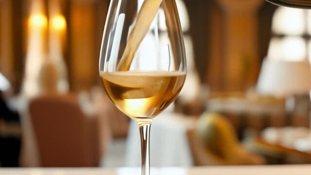 Pouring white wine from a bottle into a glass
