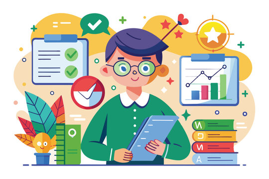 Illustration of a student with glasses, holding a checklist for customizable grades, Grades Customizable Disproportionate Illustration