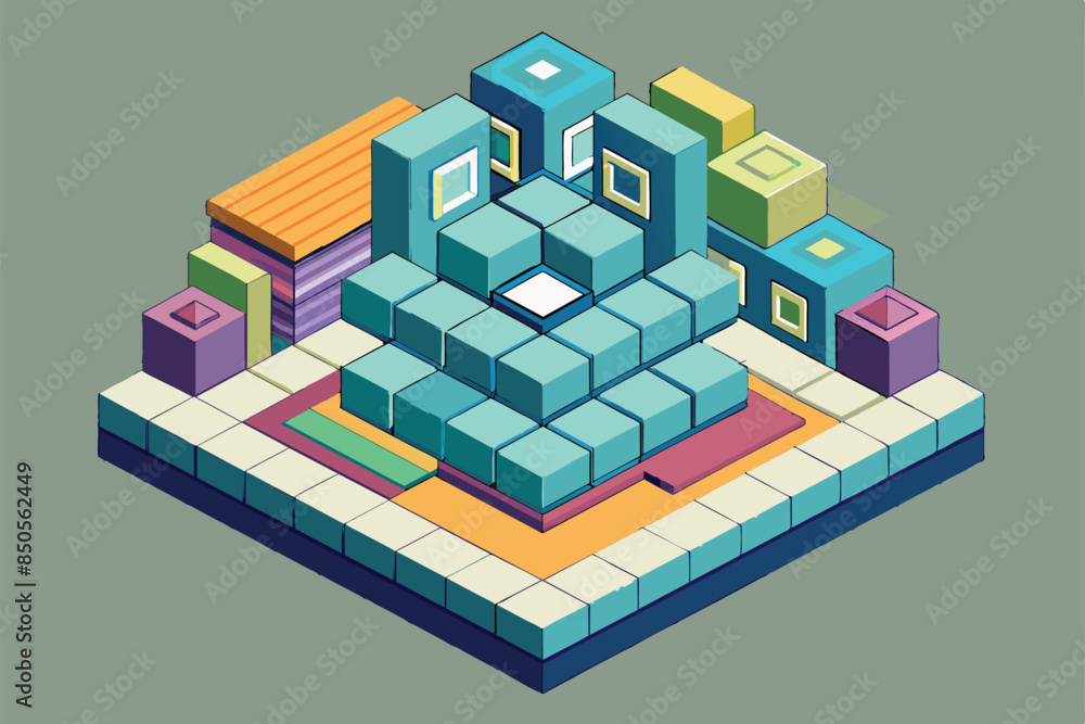 Poster an isometric illustration of a grid design with colorful cubes and geometric shapes, grid design cus