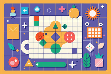 Obraz premium A flat illustration featuring a grid design with customizable elements like geometric shapes and icons, Grid design Customizable Flat Illustration