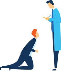 Businessman begging manager favor job workplace situation. Redhead kneeling employee pleading boss holding clipboard professional disagreement. Cartoon male workers conflict resolution isolated