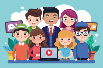 Cartoon illustration of a diverse group of people in a video conference, Group video Customizable Cartoon Illustration