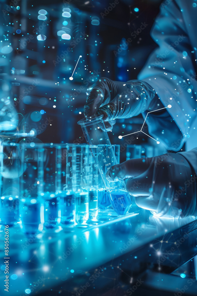 Poster scientist pouring liquid in a lab setting - a gloved scientist pours a blue liquid into a test tube 