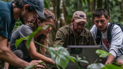 Fototapeta premium A group of researchers huddled around a laptop at a field station their attention focused on the realtime data streaming in from a solarpowered monitoring system perched in the canopy