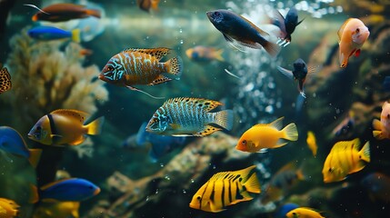 Fototapeta premium Aquarium with cichlids fish from lake malawi : Generative AI