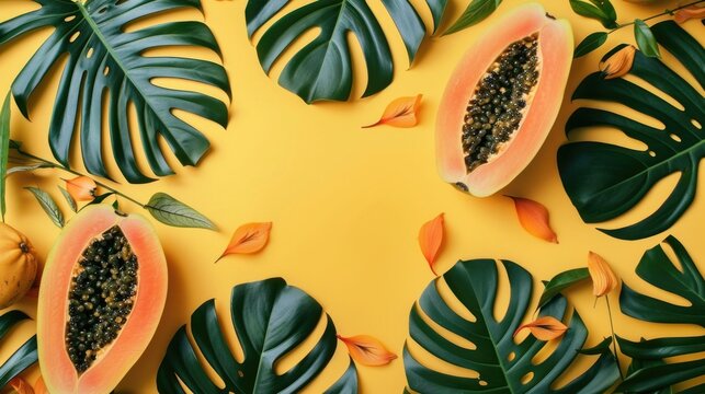 A colorful arrangement of tropical leaves and papanas on a bright yellow background
