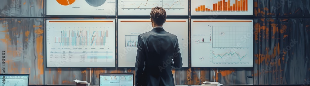 Poster man looking at financial dashboard screens - a professional in a modern office setting analyzes data