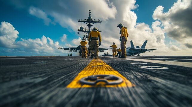 Crew preparing an F-18 jet for launch on an aircraft carrier under a bright, cloudy sky.