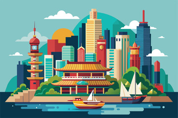 Illustration of Hong Kong skyline with red pagoda, high-rise buildings, and Chinese architecture landmarks, Hong kong Customizable Semi Flat Illustration