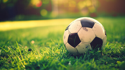 Fototapeta premium A soccer ball is sitting on the grass