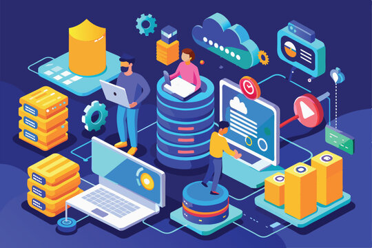 Illustration of IT professionals working on a network of servers, cloud, and computers, hosting technology server maintenance services, database storage
