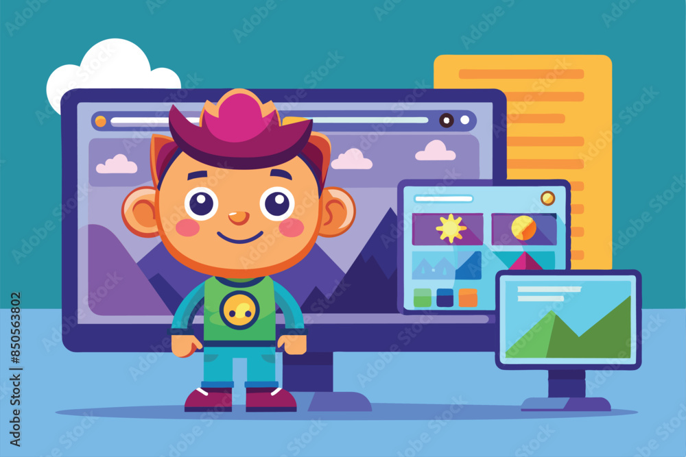 Poster cartoon illustration of a boy using a customizable image viewer program on his desktop computer, ima