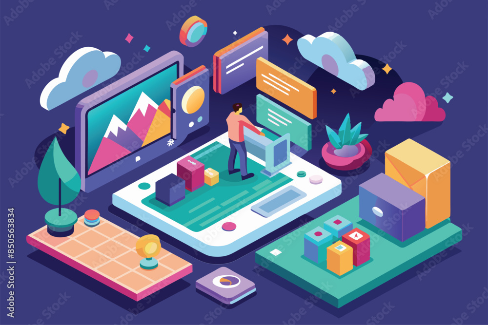 Poster a person interacts with an image viewer interface, represented by a customizable isometric illustrat