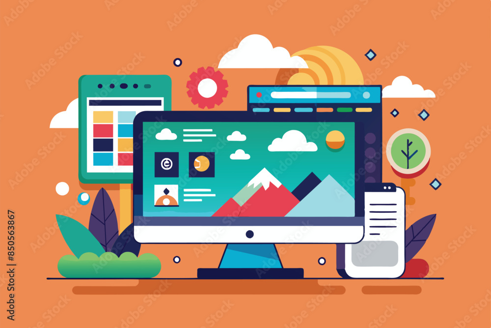 Poster desktop computer with customizable image viewer showing landscape, in a semi-flat design, image view