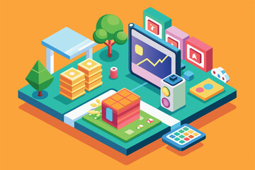 Obraz premium Isometric illustration showing a customizable image viewer with trees, buildings, and interactive elements, Image viewer Customizable Isometric Illustration