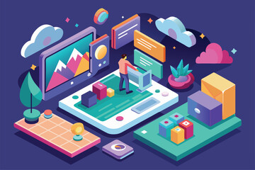 A person interacts with an image viewer interface, represented by a customizable isometric illustration, Image viewer Customizable Isometric Illustration