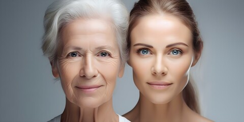 Women use geneticbased skincare for youthful appearance in aging portraits. Concept Genetic-based Skincare, Youthful Appearance, Aging Portraits, Women's Beauty, Skin Health