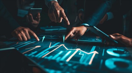 A group of business people pointing at an upward trending graph on the table, with arrows showing growth and progress