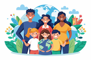 A happy, diverse family stands together, representing global unity and the importance of family, International day of families Customizable Flat Illustration