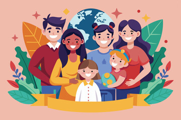 Illustration of a diverse group of people celebrating International Day of Families with a globe, International day of families Customizable Flat Illustration