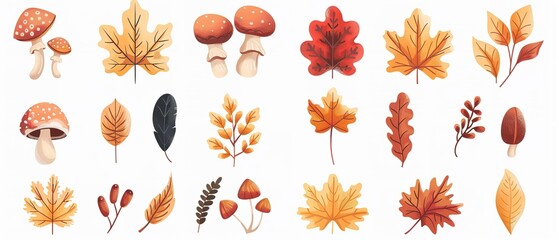 Vivid autumnal graphic full of acorns, mushrooms, and leaves over a white setting, ideal to form an autumnal banner or modern vector art of the approach of fall and space, Generative AI. - Powered by Adobe