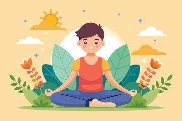 Cartoon illustration of a man meditating in a peaceful outdoor setting, celebrating International Day of Yoga, International day of yoga Customizable Cartoon Illustration