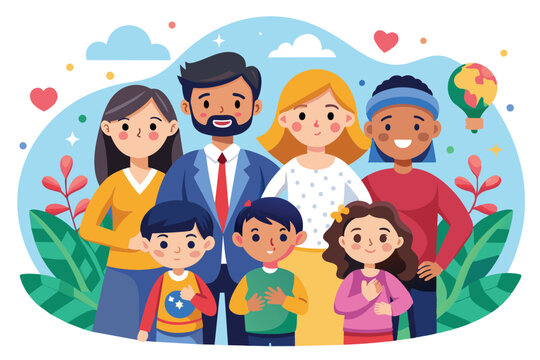 A colorful cartoon illustration depicting a diverse family of six, celebrating International Day of Families, International day of families Customizable Cartoon Illustration - Powered by Adobe